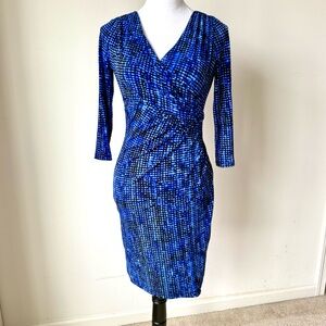 RALPH LAUREN Petite Blue Mosaic Ruched Side 3/4 Sleeve Sheath Dress—SZ. 0P